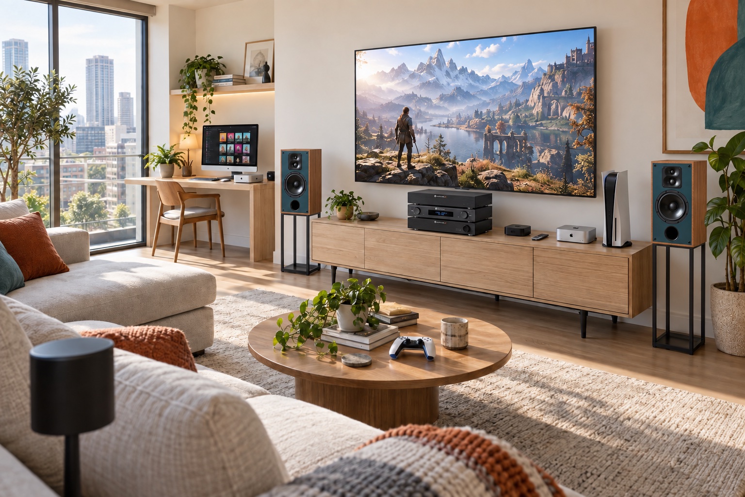 Modern living room with NuPrime IDA Fusion-10, H16-AVP and MCX-800AD components, Audiomis SE100 speakers, gaming console, Apple TV and computer